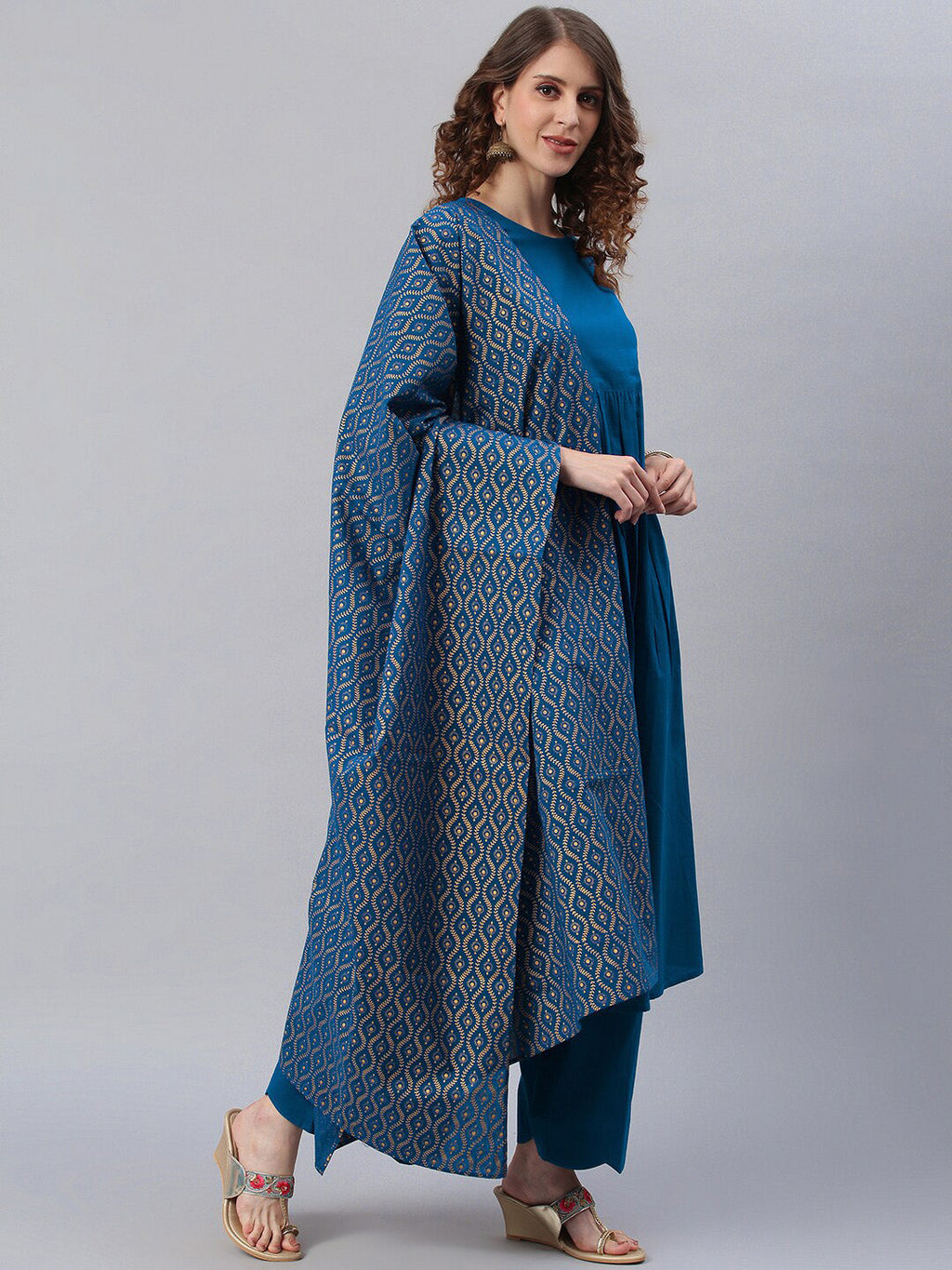 Janasya Women Blue Printed Pure Cotton Anarkali Kurta & Palazzos With Dupatta | Grocsy