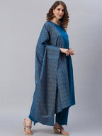 Janasya Women Blue Printed Pure Cotton Anarkali Kurta & Palazzos With Dupatta | Grocsy