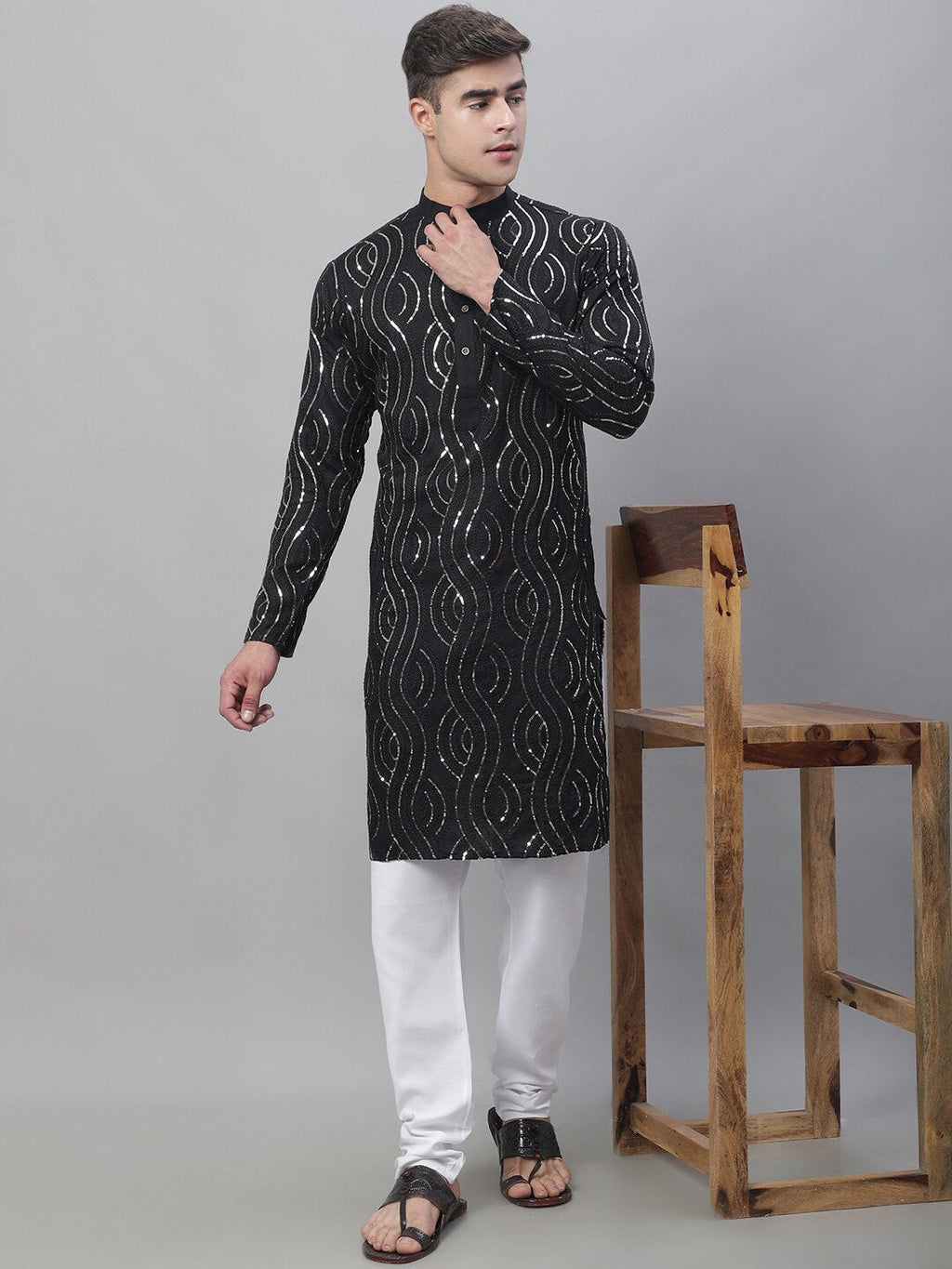 Sojanya Sequined Mandarin Collar Pure Cotton Kurta | Grocsy