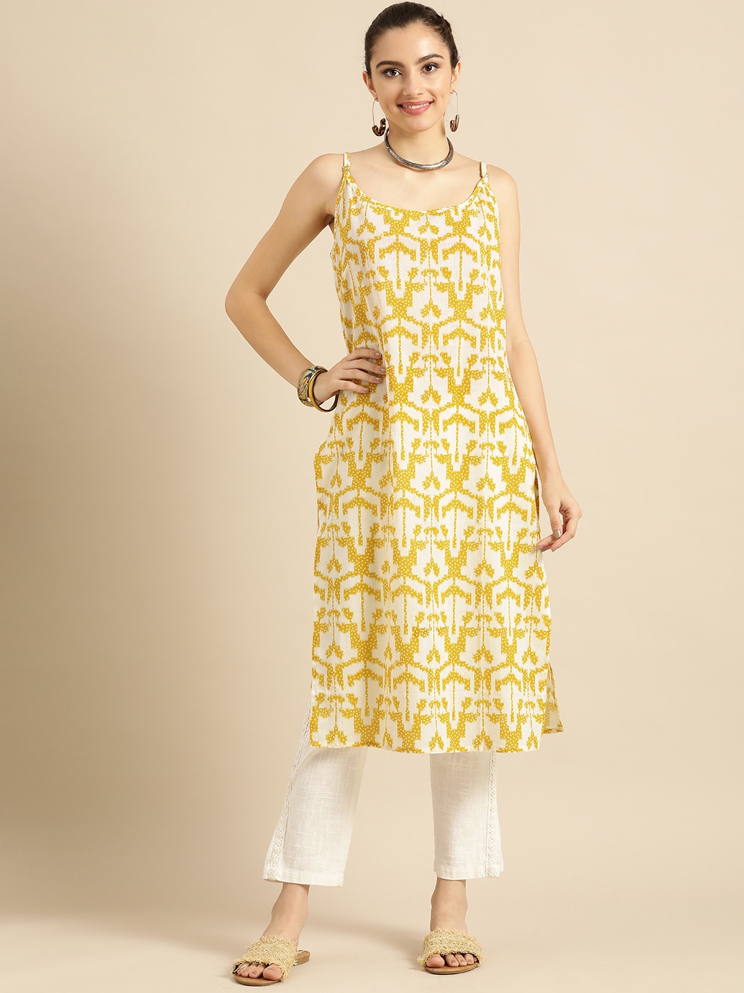 Sangria Women Mustard Yellow & Yellow Printed Cotton Kurta | Grocsy