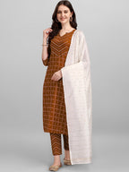 HERE&NOW Brown & White Regular Pure Cotton Kurta With Trousers & Dupatta | Grocsy