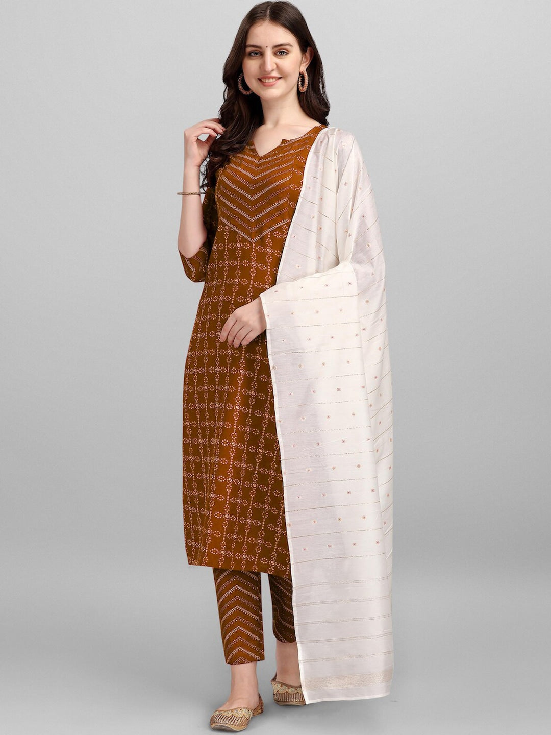 HERE&NOW Brown & White Regular Pure Cotton Kurta With Trousers & Dupatta | Grocsy