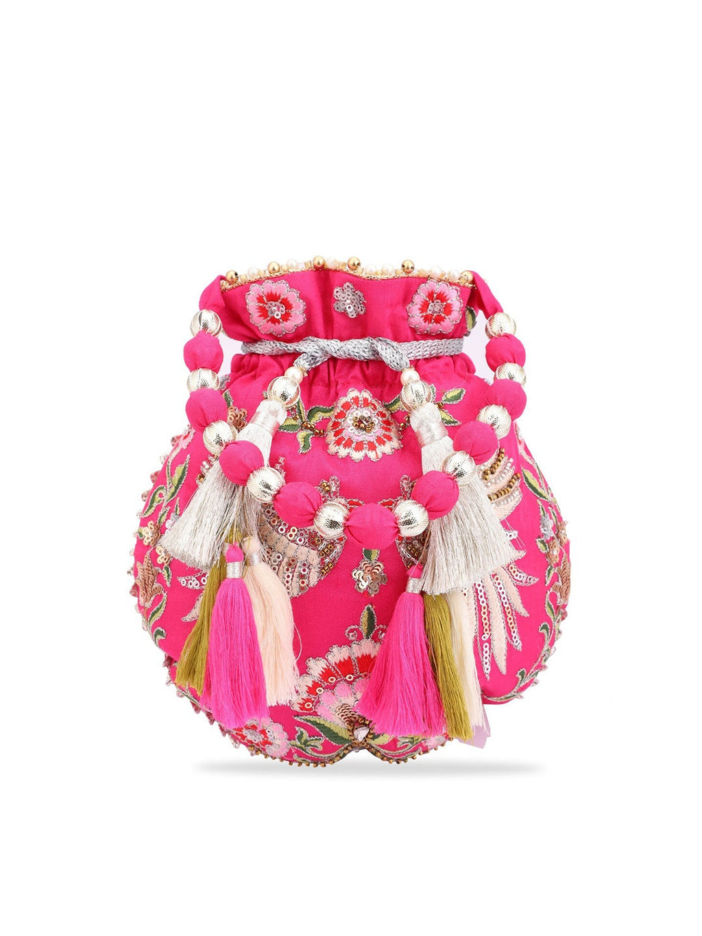 Masq Magenta & White Embroidered Potli Clutch | Grocsy