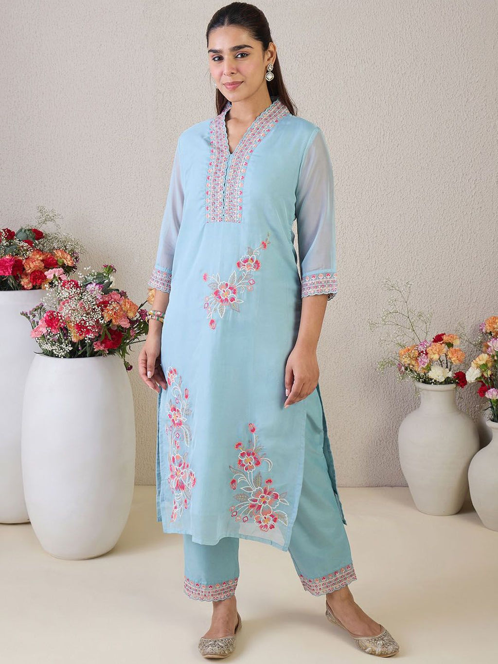 Indo Era Floral Embroidered V-Neck Thread Work Straight Kurta & Trousers & Dupatta | Grocsy