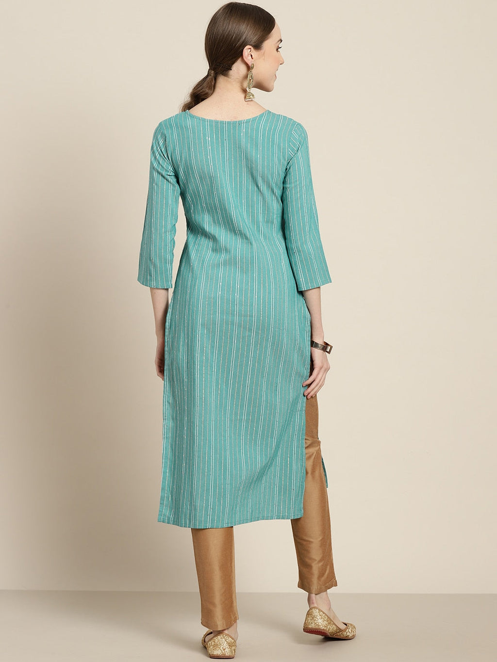 Sangria Women Sea Green & White Striped Sequin Detail Kurta | Grocsy