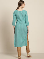 Sangria Women Sea Green & White Striped Sequin Detail Kurta | Grocsy