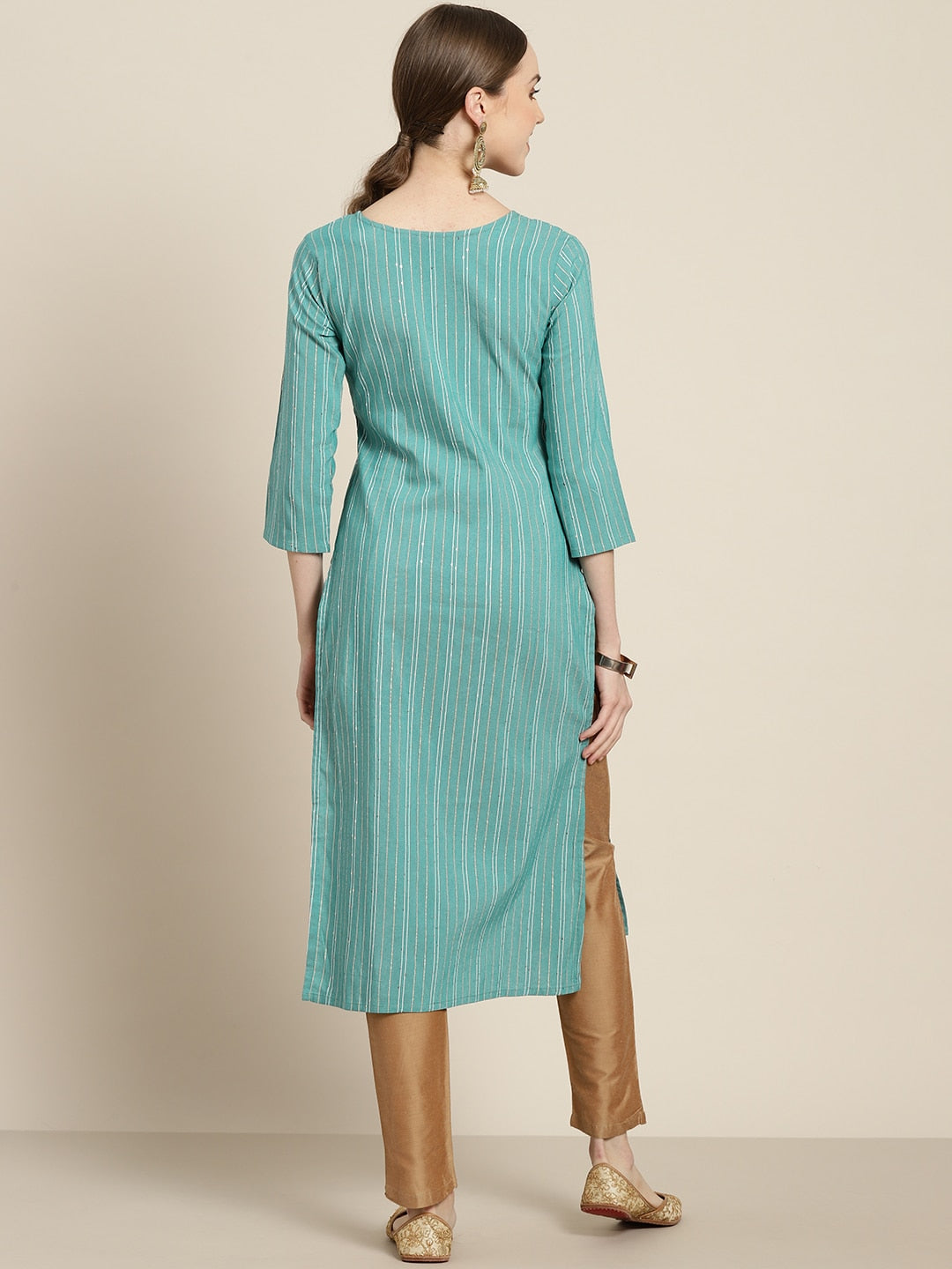 Sangria Women Sea Green & White Striped Sequin Detail Kurta | Grocsy