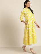 Sangria Women Yellow & White Ethnic Motifs Print Pure Cotton Anarkali Kurta | Grocsy