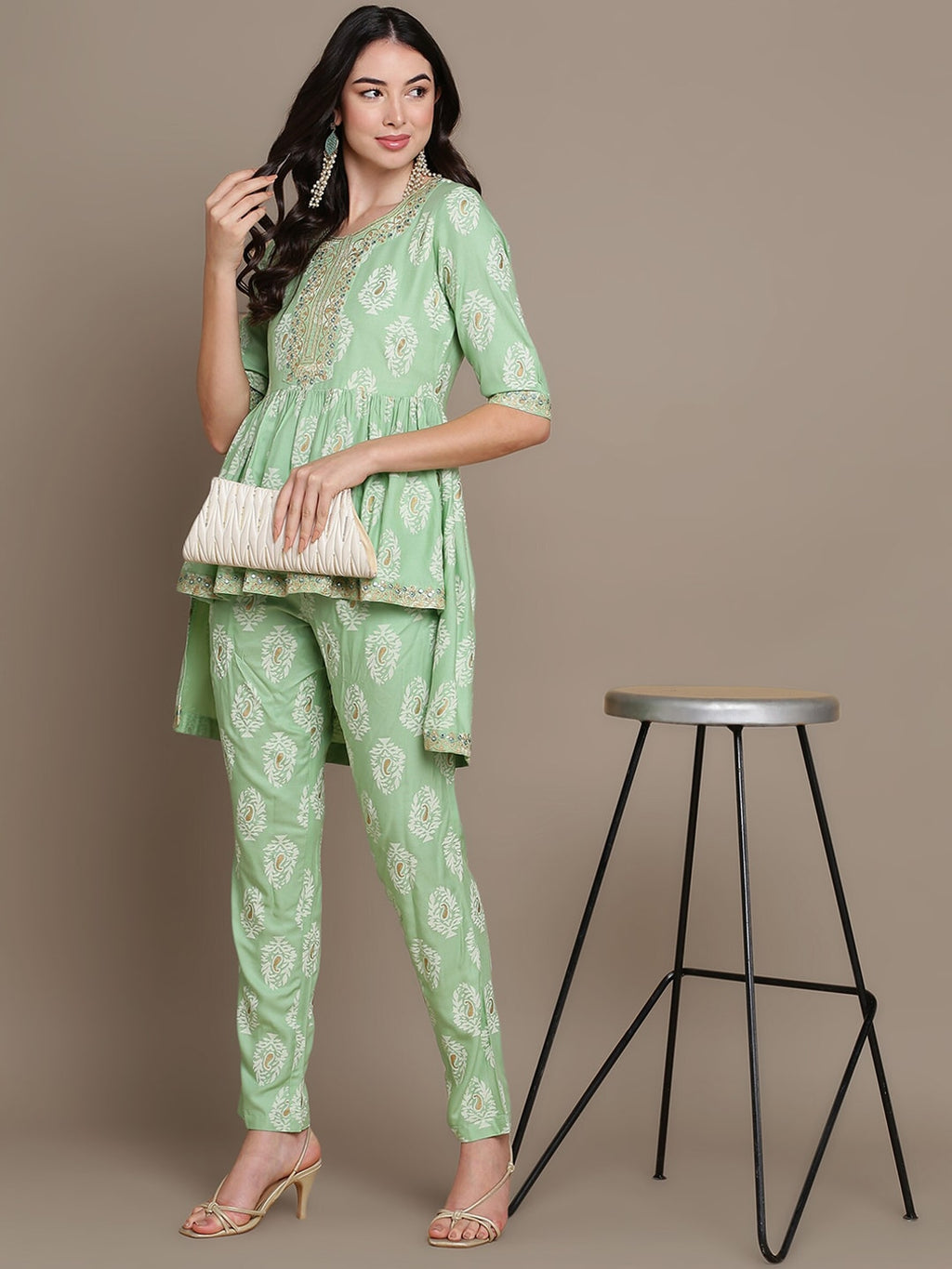 HERE&NOW Ethnic Motifs Embroidered Thread Work Sequinned High-Low Kurti with Trousers | Grocsy