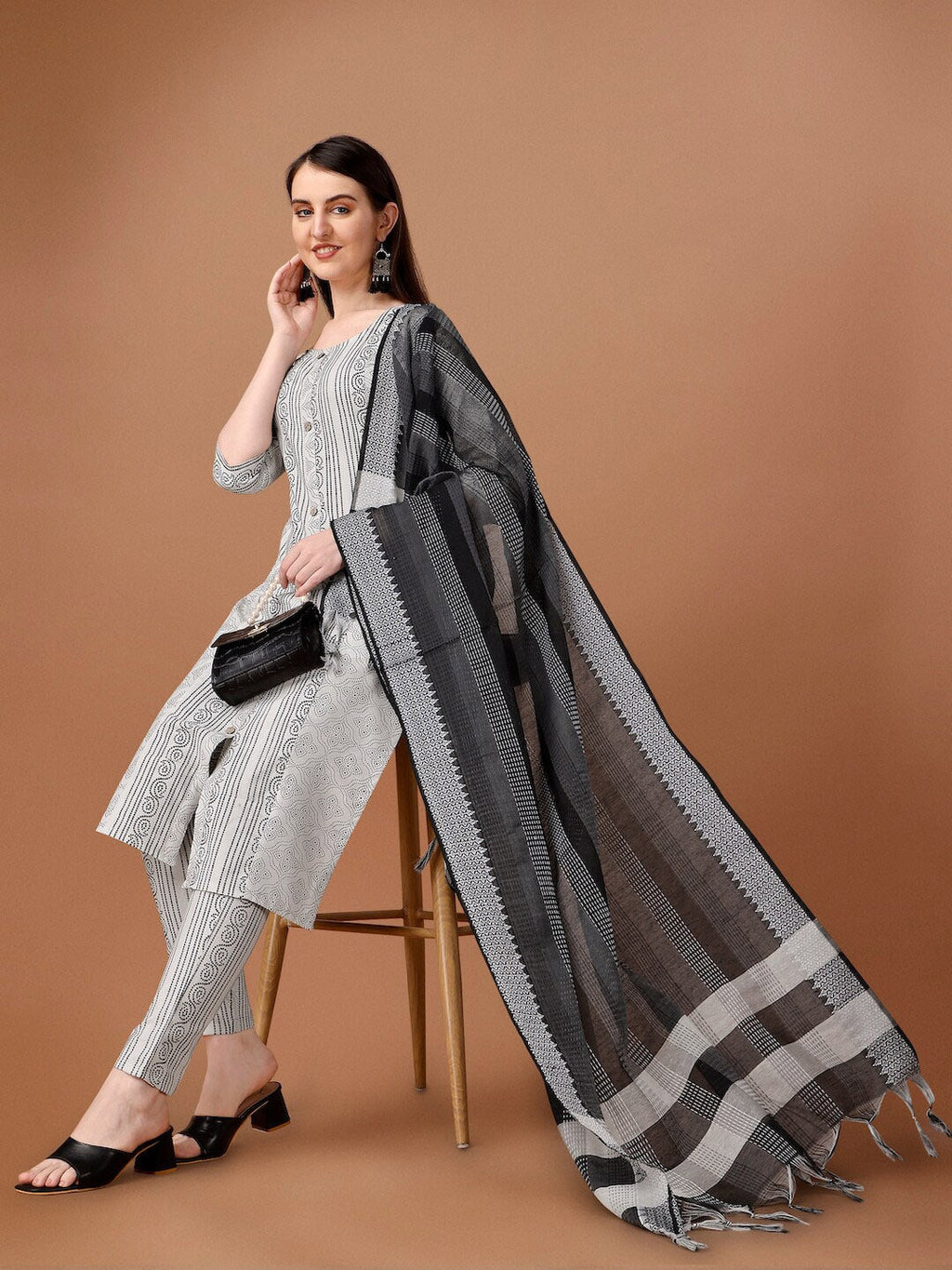 HERE&NOW White & Black Ethnic Motifs Printed Pure Cotton Kurta With Trousers & Dupatta | Grocsy