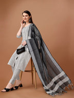 HERE&NOW White & Black Ethnic Motifs Printed Pure Cotton Kurta With Trousers & Dupatta | Grocsy