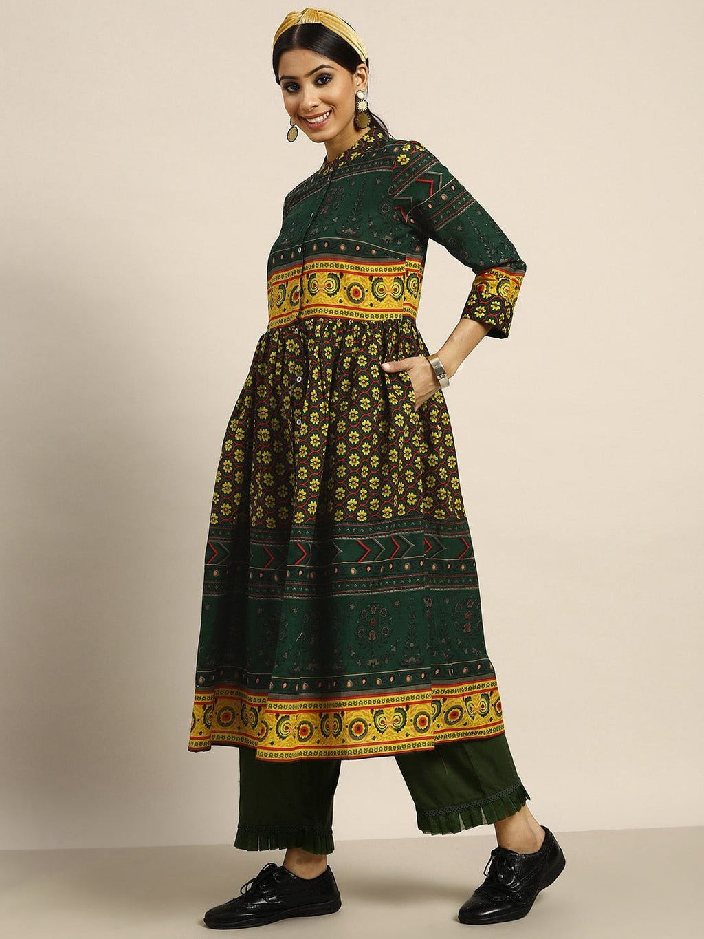 Sangria Women Green & Yellow Pure Cotton Ethnic Motifs Printed A-Line Kurta | Grocsy