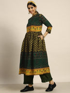 Sangria Women Green & Yellow Pure Cotton Ethnic Motifs Printed A-Line Kurta | Grocsy