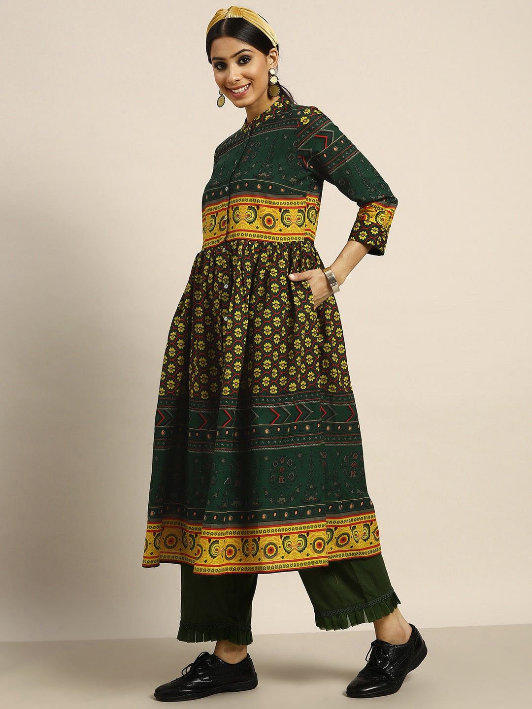 Sangria Women Green & Yellow Pure Cotton Ethnic Motifs Printed A-Line Kurta | Grocsy