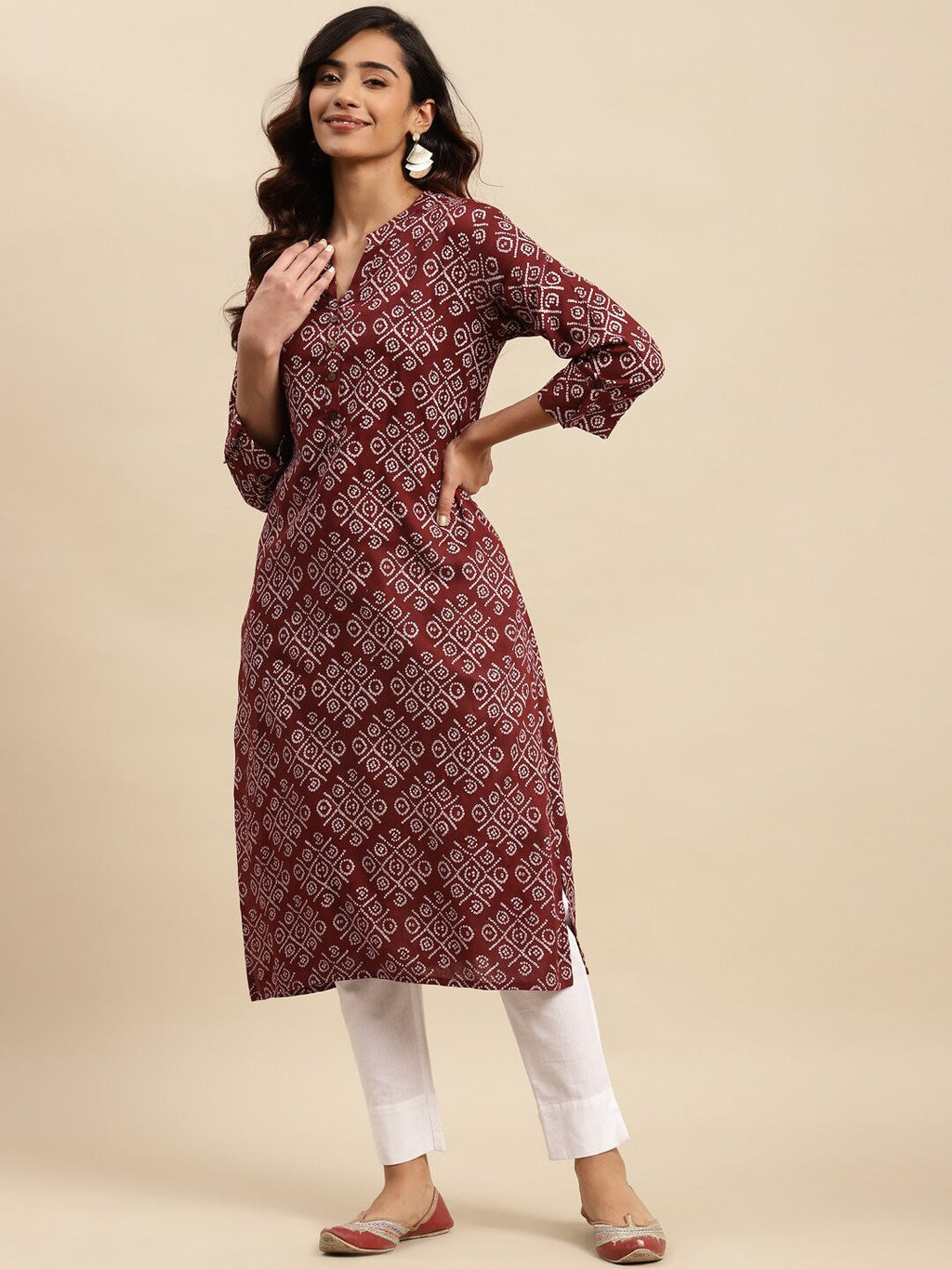 Sangria Maroon Bandhani Printed Pure Cotton Straight Kurta | Grocsy