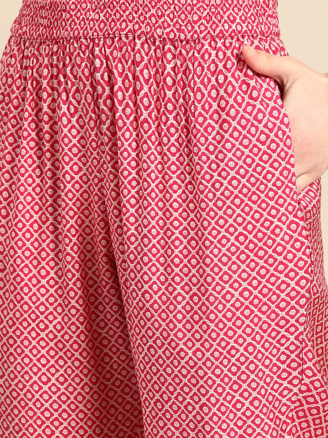 Sangria Women Fuchsia Ethnic Motifs Printed Angrakha Gotta Patti Kurta with Trousers | Grocsy