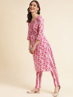 Sangria Pink & White Floral Printed Pure Cotton Straight Kurta With Trouser & Dupatta | Grocsy