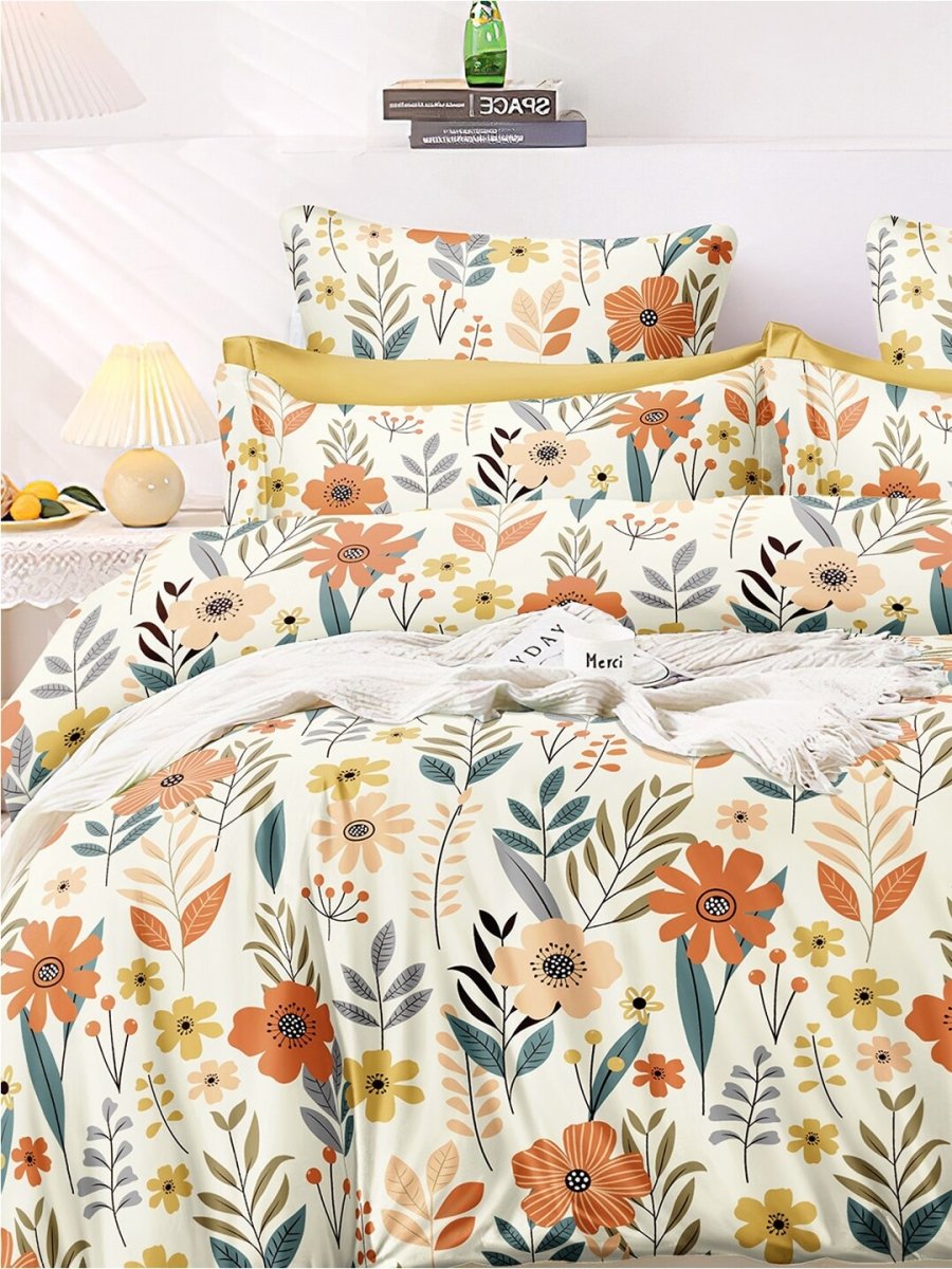 AEROHAVEN Premium Cream-Coloured Floral Cotton 300 TC King Bedsheet & 2 Pillow Covers | Grocsy