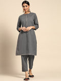 Sangria Women Charcoal Grey Pure Cotton Solid Kurta with Cropped Trousers | Grocsy