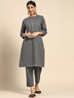 Sangria Women Charcoal Grey Pure Cotton Solid Kurta with Cropped Trousers | Grocsy