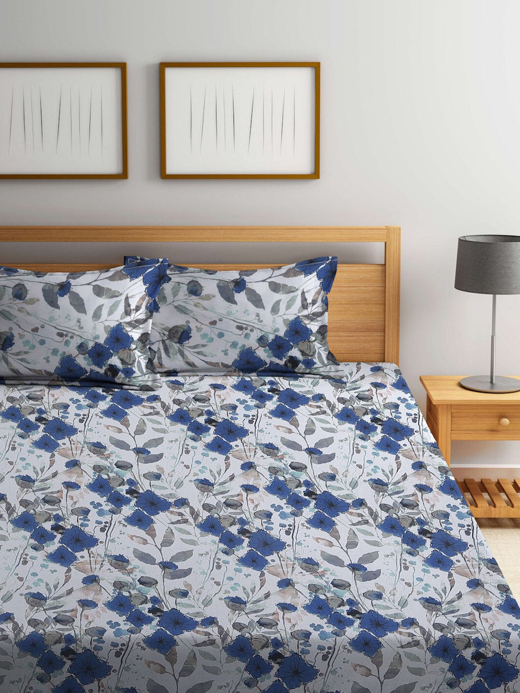 BOMBAY DYEING Blue & White Floral Cotton 144 TC King Bedsheet With 2 Pillow Covers | Grocsy