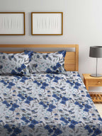 BOMBAY DYEING Blue & White Floral Cotton 144 TC King Bedsheet With 2 Pillow Covers | Grocsy