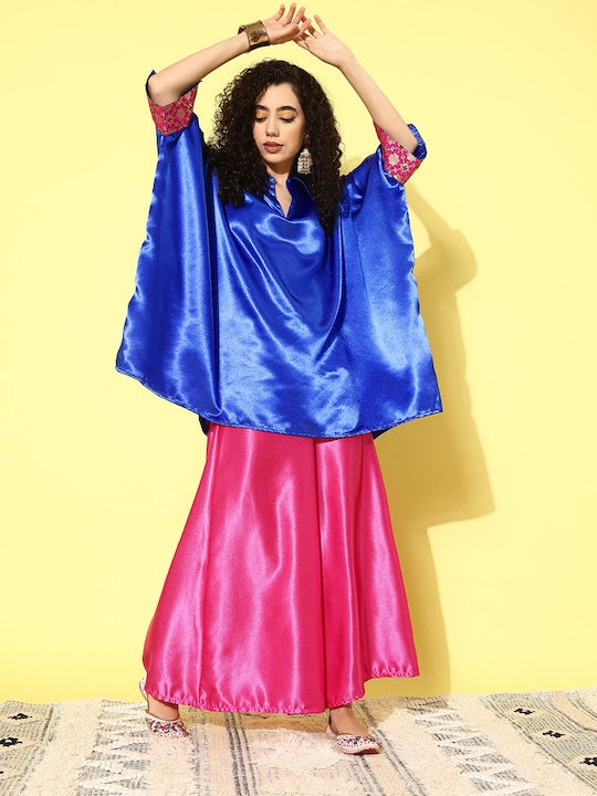 InWeave Women's Blue Pink Brocade Satin Boho Kurta Pink Palazzo Set | Grocsy