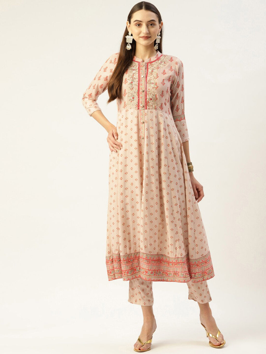 HERE&NOW Women Cream-Coloured Floral Embroidered Kurta with Trousers | Grocsy