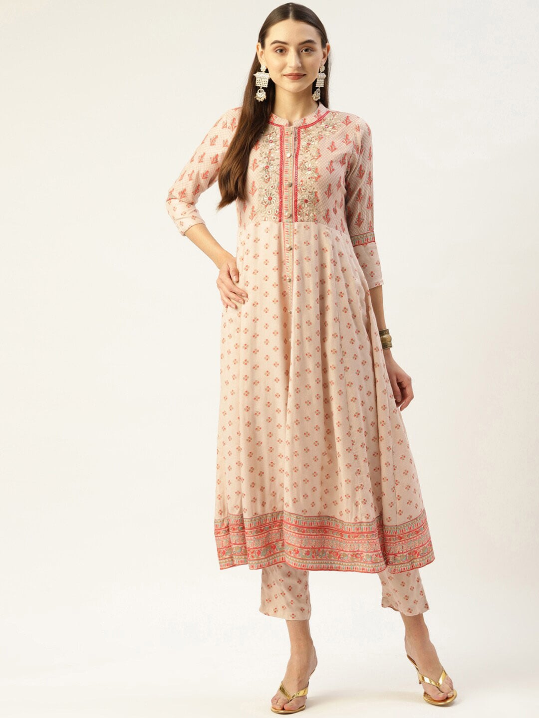 HERE&NOW Women Cream-Coloured Floral Embroidered Kurta with Trousers | Grocsy