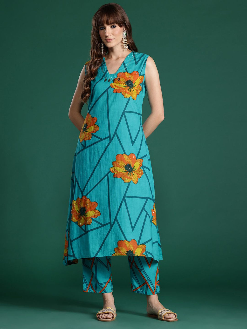 Indo Era Floral Printed Pure Cotton Kurta with Trousers | Grocsy