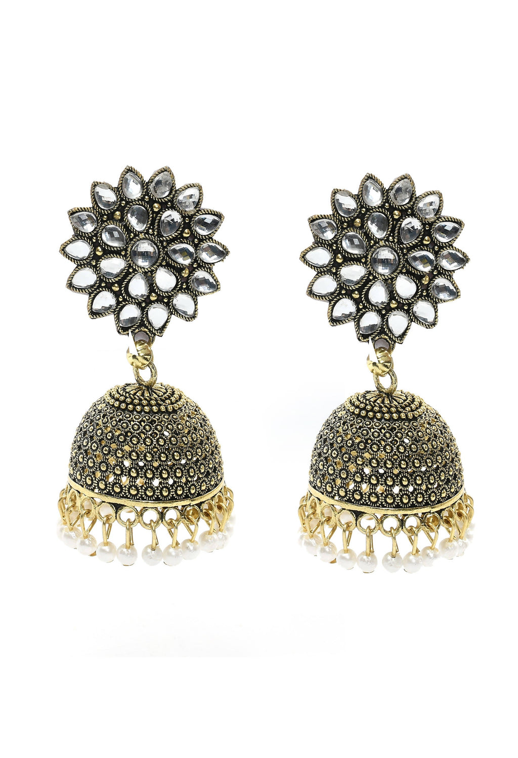 Mominos Fashion Johar Kamal Beautiful Kundan Work Jhumka With White Beads