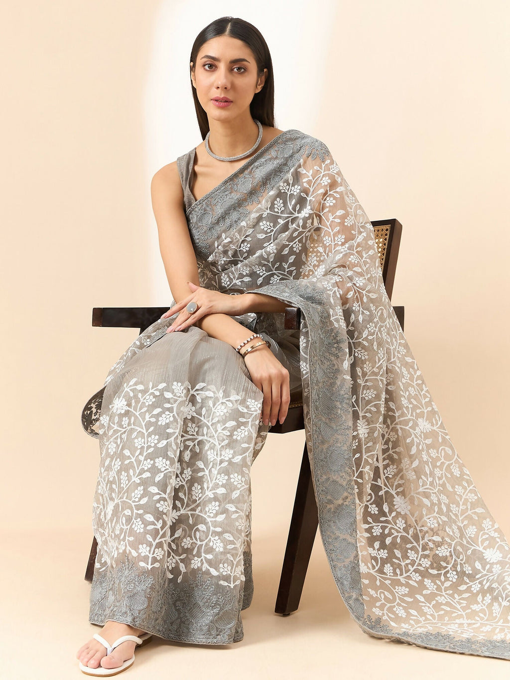 Grey Organza Floral Embroidered Saree with Unstitched Blouse Piece - Roozal | Grocsy