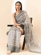 Grey Organza Floral Embroidered Saree with Unstitched Blouse Piece - Roozal | Grocsy