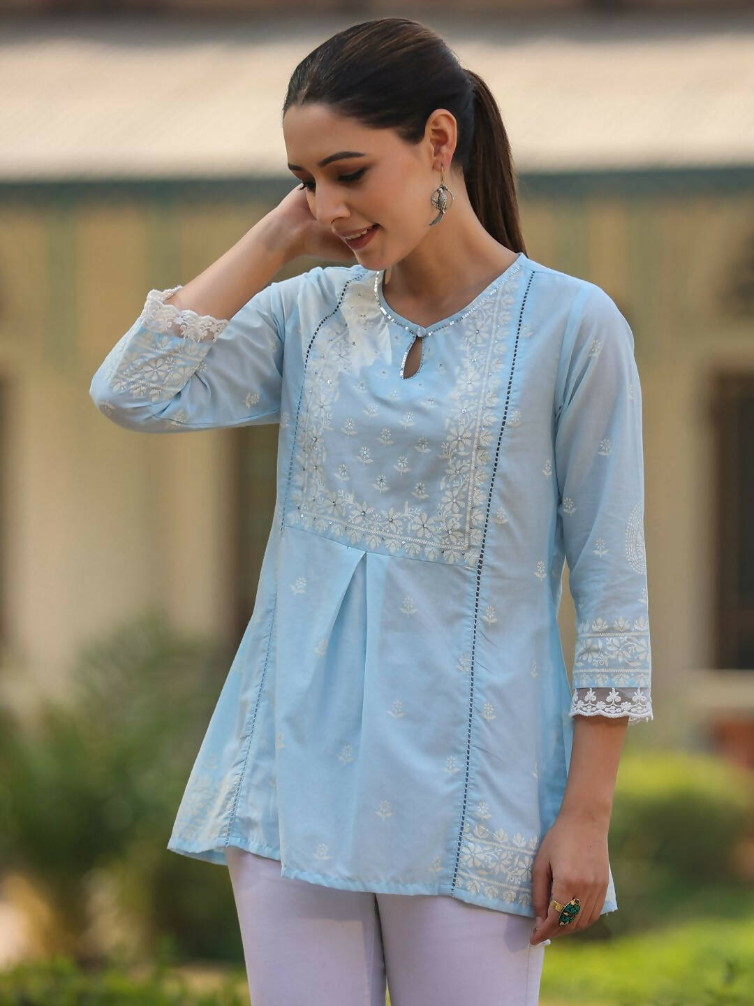 Juniper Women's Powderblue Cambric Floral Printed Tunic | Grocsy
