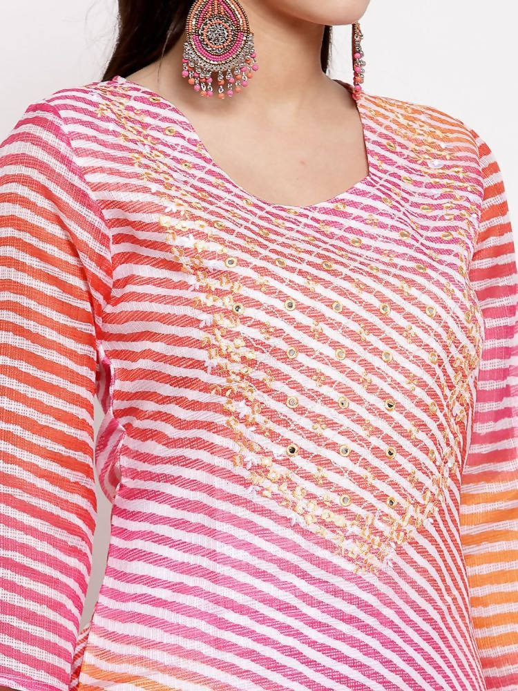 Myshka Women's Trendy Multi Cotton Printed 3/4 Sleeve Round Neck Casual Kurta | Grocsy