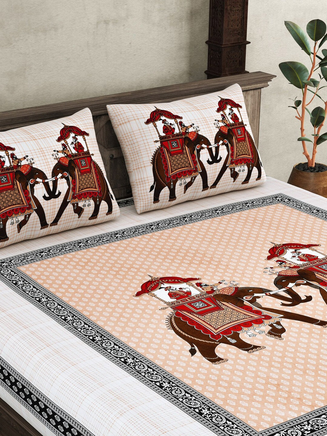 JAIPUR FABRIC Peach Ethnic Motifs Cotton 250 TC Super King Bedsheet With 2 Pillow Covers | Grocsy