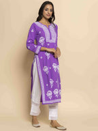 HOUSE OF KARI Ethnic Motifs Chikankari Embroidered Notched Round Neck Straight Kurta | Grocsy