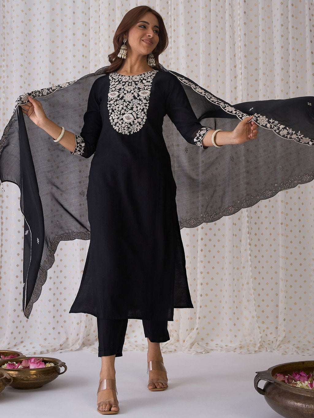 Indo Era Black Floral Embroidered Thread Work Kurta with Trousers & Dupatta | Grocsy