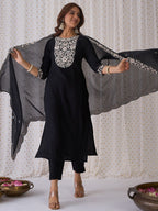 Indo Era Black Floral Embroidered Thread Work Kurta with Trousers & Dupatta | Grocsy