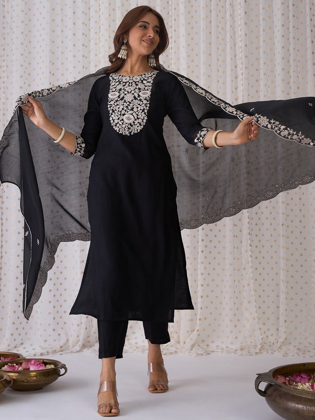 Indo Era Black Floral Embroidered Thread Work Kurta with Trousers & Dupatta | Grocsy