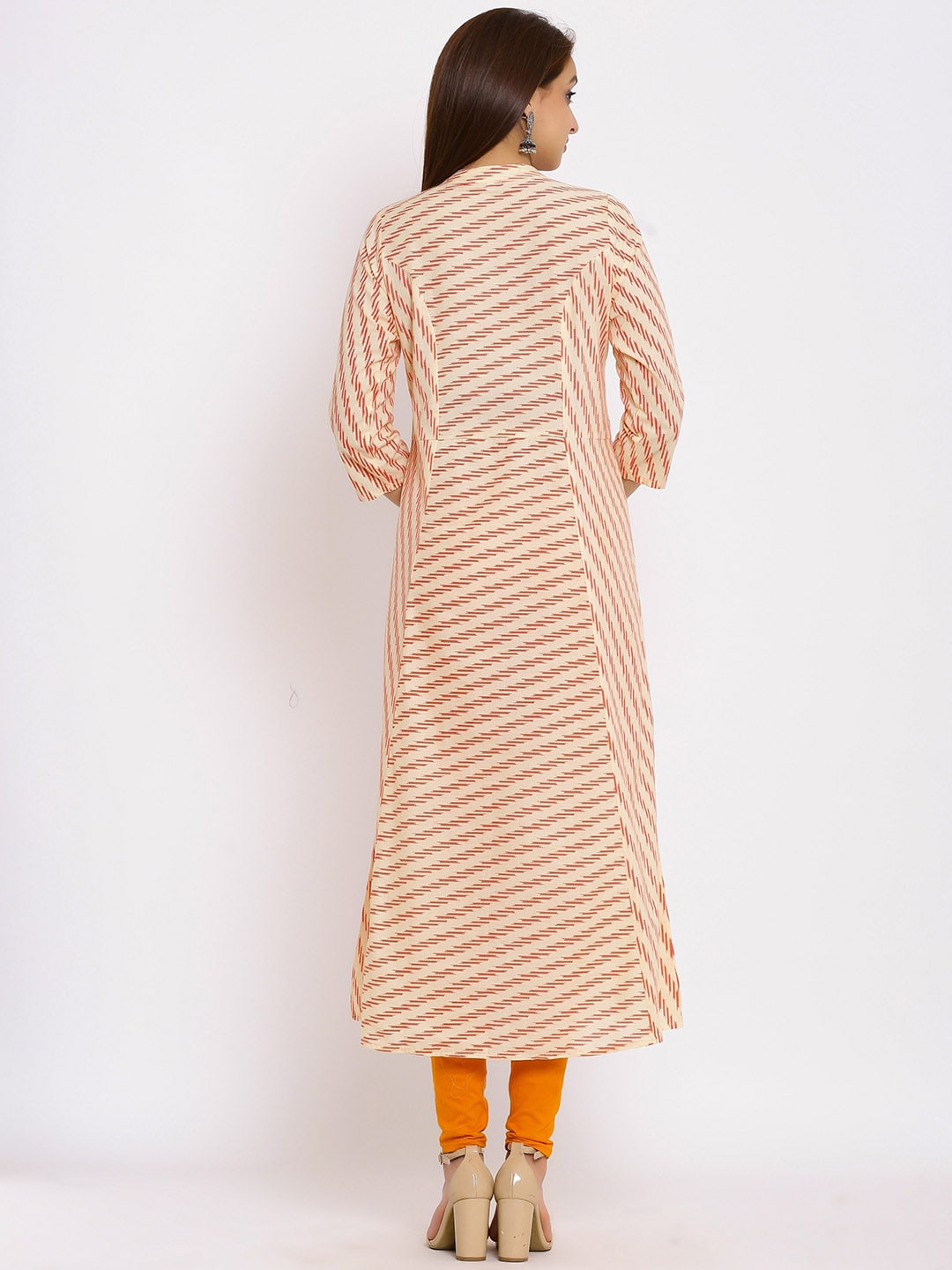 HERE&NOW Orange Mandarin Collar Striped A-Line Kurta | Grocsy