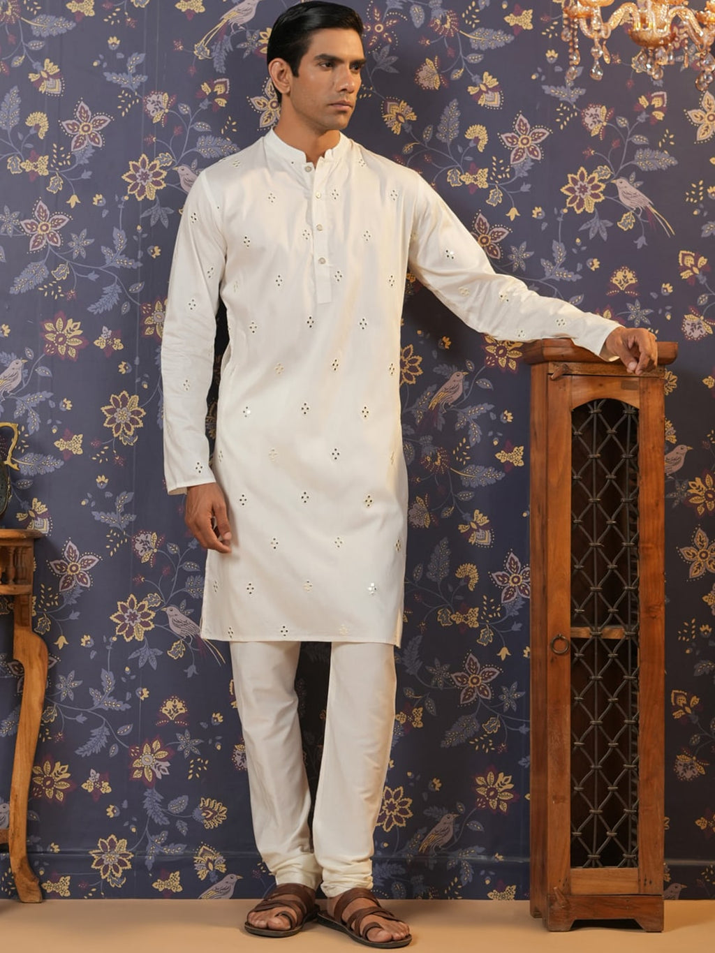 House of Pataudi Embroidered Mirror Work Straight Kurta With Pyjama | Grocsy