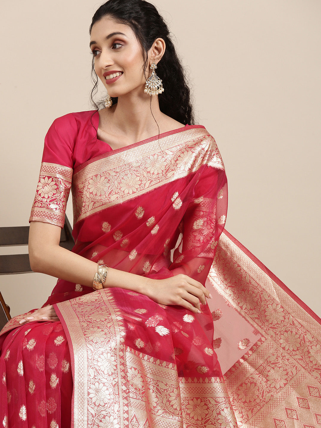 Saree Mall Red Ethnic Motifs Zari Organza Banarasi Saree | Grocsy