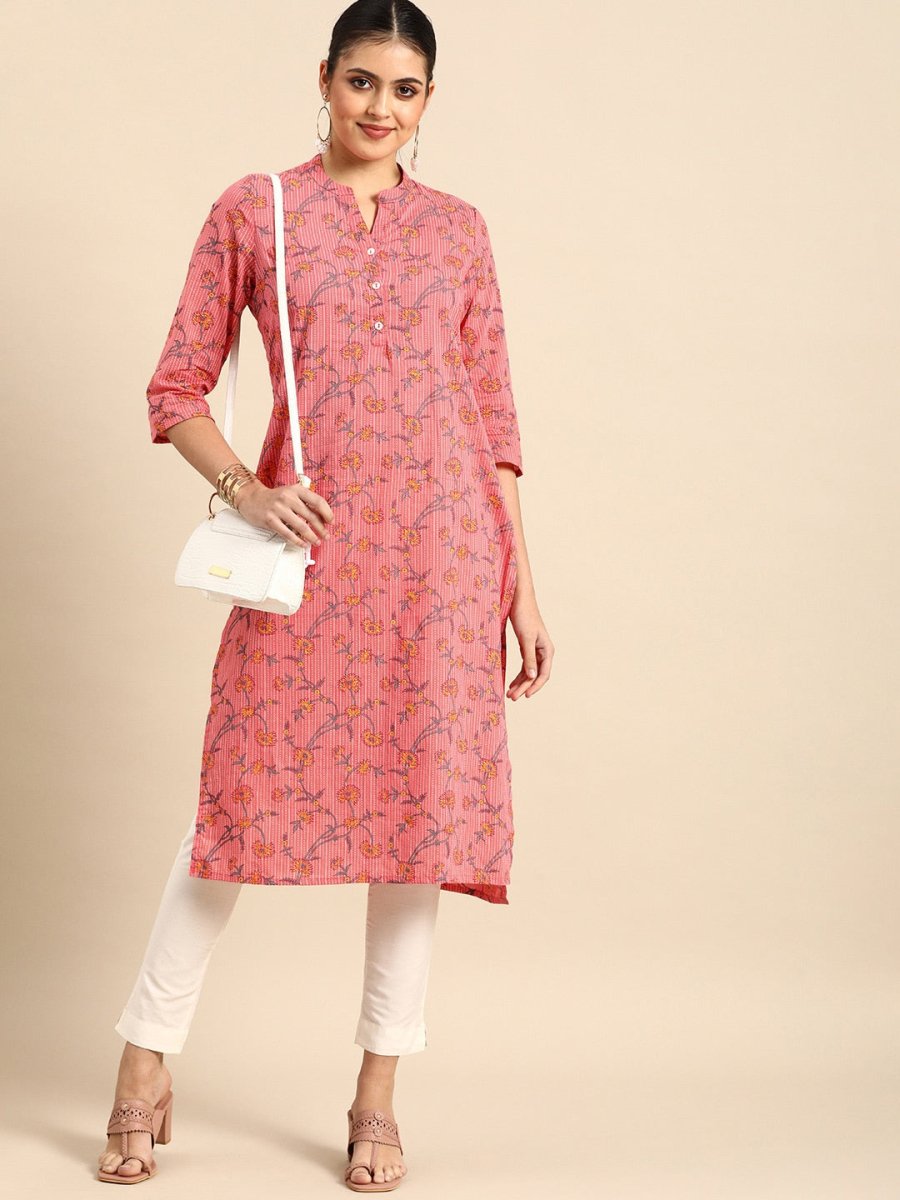 All About You Women Pink & Yellow Floral Printed Kurta | Grocsy