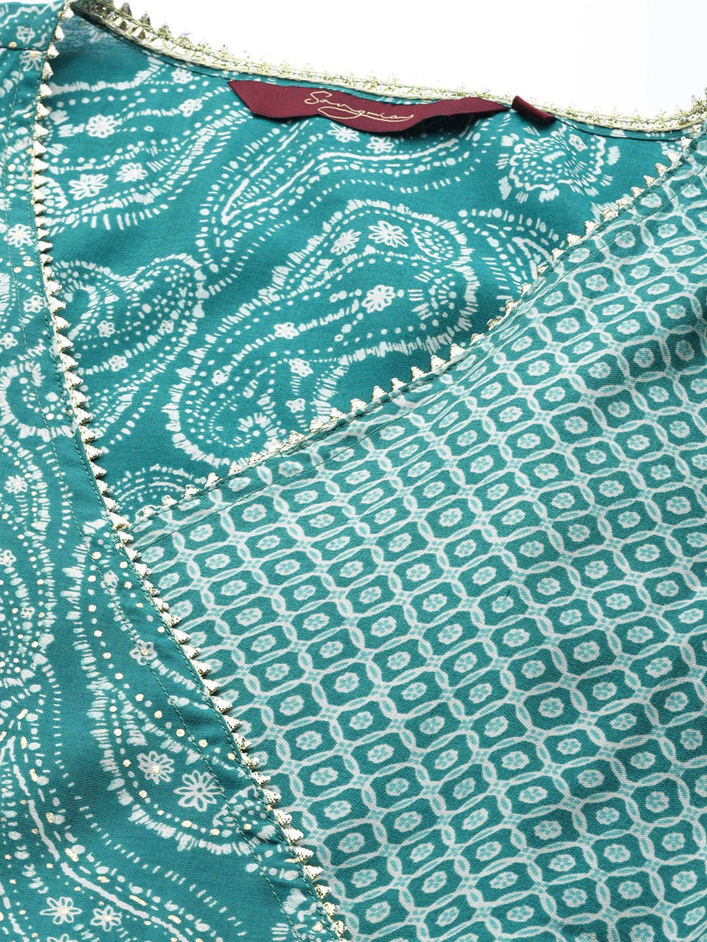 Sangria Women Turquoise Blue Paisley Printed Angrakha Gotta Patti Kurta with Trousers | Grocsy