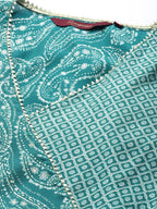 Sangria Women Turquoise Blue Paisley Printed Angrakha Gotta Patti Kurta with Trousers | Grocsy