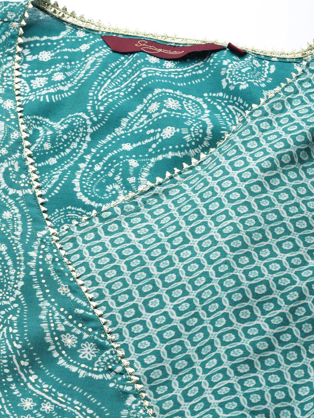 Sangria Women Turquoise Blue Paisley Printed Angrakha Gotta Patti Kurta with Trousers | Grocsy