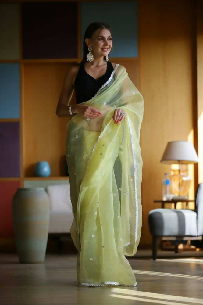 Vamsee Manbhari Yellow Organza Saree | Grocsy