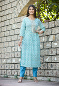 Kaajh Women's Sky Blue Floral Printed Cotton Kurta Pant Set | Grocsy