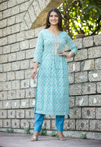 Kaajh Women's Sky Blue Floral Printed Cotton Kurta Pant Set | Grocsy